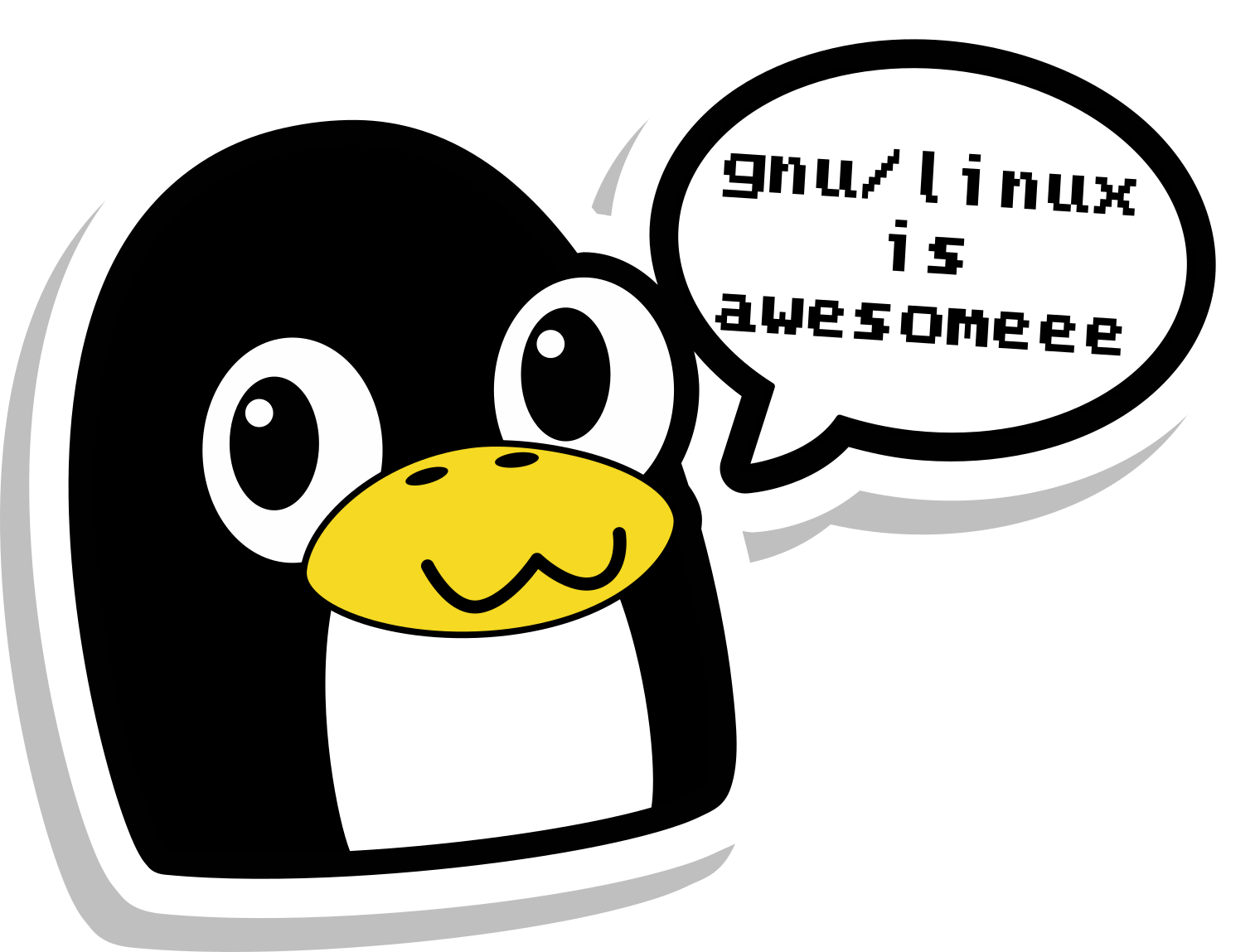 a headshot of the mascot of linux, tux, with a speech bubble right beside him that reads "gnu/linux is awesome"